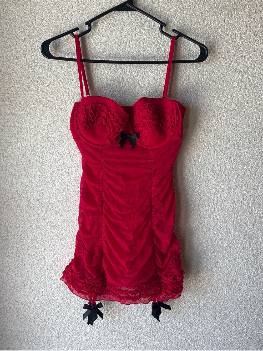 2000s Y2K Victoria’s Secret Sexy Little Things Red Ruched Mesh Lace Chemise